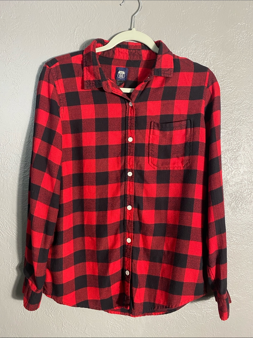 Route 66 Buffalo Plaid Flannel Shirt Medium Red Black Button Front Long Sleeve